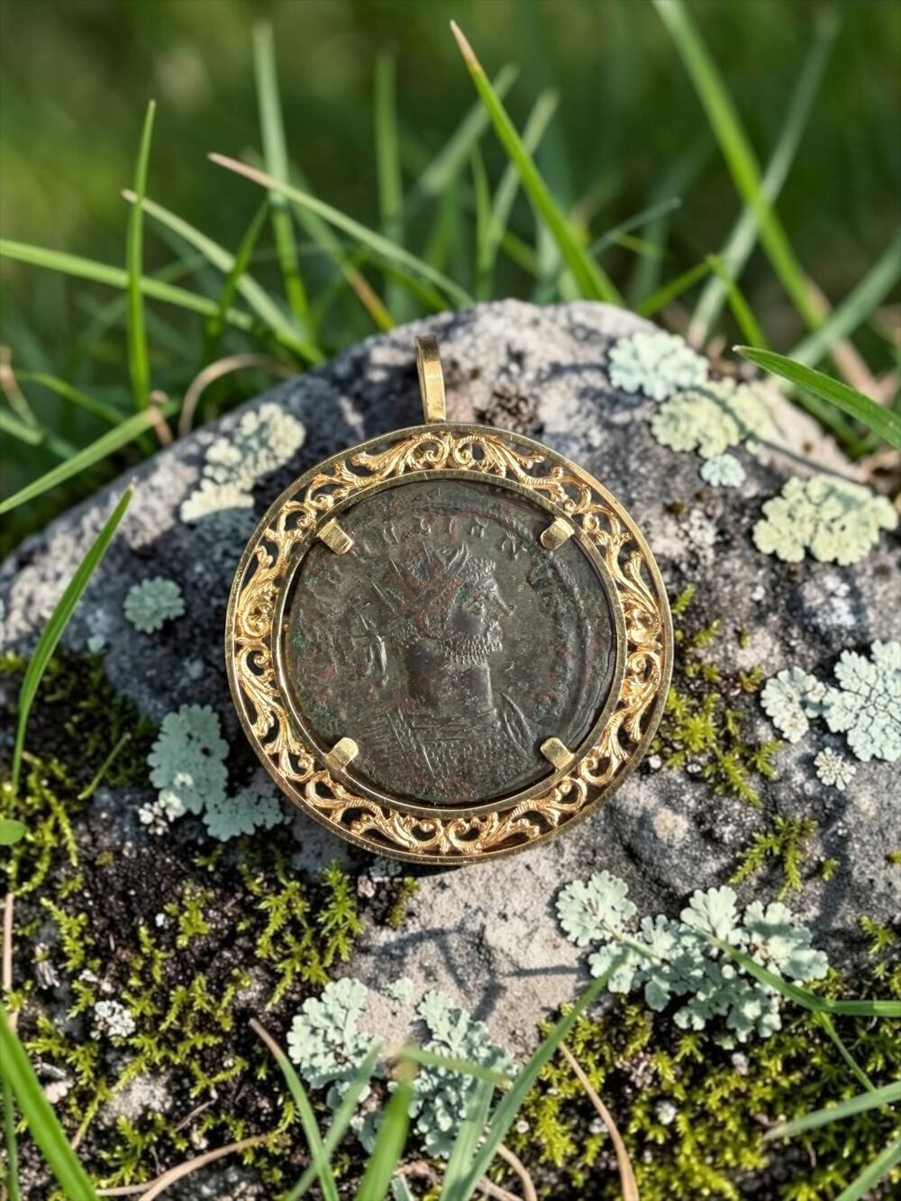Ancient Roman Antonius Coin set in 18k Gold Bezel Pendant / Brooch